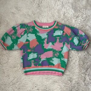 Women’s Peach love California Sz s colorful pink purple green Patterned sweater